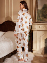 Conjunto de pijama de satén con estampado de oso y ribete de contraste